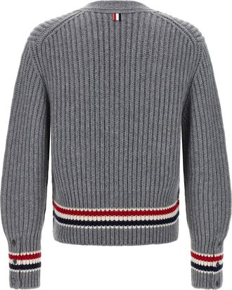 Thom Browne Ribbed Cashmere with RWB Stripe Cardigan - Grey