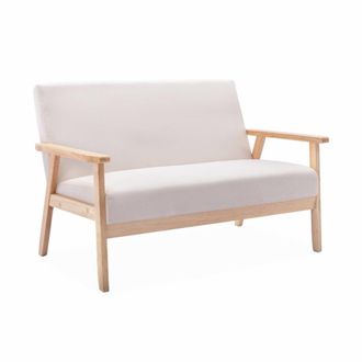 Sweeek Sof&aacute; o banco con tela y patas de madera, 2 plazas, beige