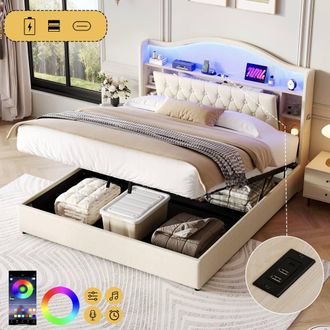 Matteo King Upholstered Bed Frame, Hydraulic Storage & LED Headboard, Beige