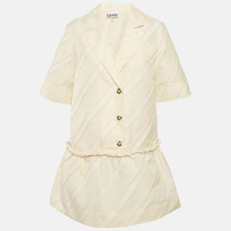 Ganni Ganni Cream Diagonal Stripe Crepe Frayed Mini Dress