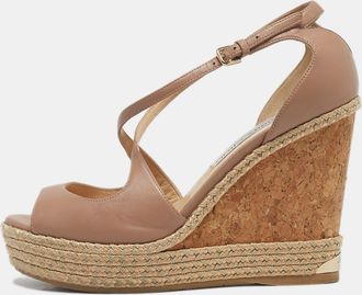 Jimmy Choo London Pink Leather Crisscross Strap Cork Wedge Sandals