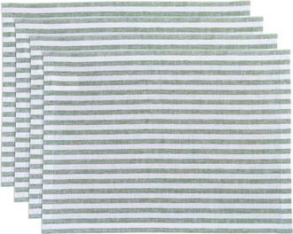 Solino Home Linen Placemats Set of 4, 14 x 19 Inch for Dining Table, Holiday and Everyday Table Decor - Amalfi Stripe in Green And White at