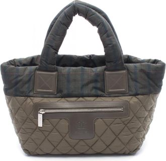 Chanel Khaki Nylon Leather Handbag Tote Bag (Pre-Owned)