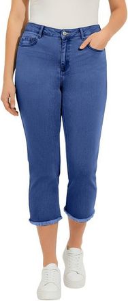 Roaman's Plus Size Straight Leg Frayed Hem Cropped Capri Jean in Medium Blue at Nordstrom, Size 14