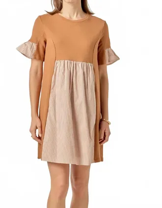 English Factory Knit Stripe Woven Mixed Dress In Brown