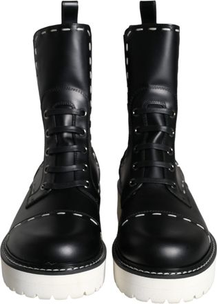 Dolce & Gabbana Black Leather Combat Mid Calf Boots Womens Shoes