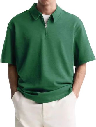 Generic Zipper Polo Shirts Men Golf Short Sleeve Vintage Loose Fit Casual Collared T Shirt Lightweight V Neck Big and Tall Stylish Shirt Green