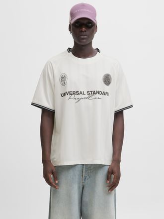 Jack & Jones Trainingsshirt JACK & JONES JCOCOVER RETRO FOOTBALL TEE SS LN, Herren, Gr. L, weiss (cloud dancer), Jersey, Obermaterial: 100% Polyester, bedruckt, re