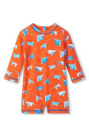 Hatley Sting Rays Long Sleeve One-Piece Rashguard Swimsuit in Carrot at Nordstrom, Size 12-18M