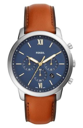 Fossil Neutra Chronograph Leather Strap Watch, 44mm in Brown/Blue/Silver at Nordstrom