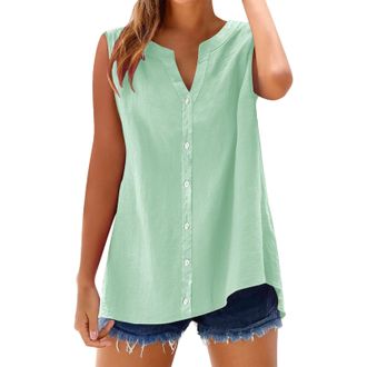 Generic Vest Tops Women UK, Ladies Tops 2026 Womens Summer Cotton Linen Cap Sleeve T-Shirt Button V Neck Tunic Top Fashion Baggy Solid Plain Casual Shirts Tre