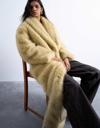 Topshop Cappotto super lungo oversize color latticello in pelliccia sintetica con scollo sciallato-Giallo