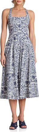 Avec Les Filles Tile Print Sleeveless Dress in Navy Lisbon Tile at Nordstrom, Size 14