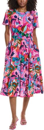 Johnny Was Smocked Tiered Linen-Blend Midi Dress