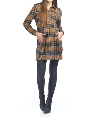 Papillon Plaid Henley Sweater Dress With Pockets In Brown