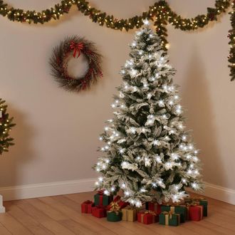 Shatchi Pre-Lit Artificial Christmas Tree Lapland - LED Cool White Lights with Snow Flocked Tips in Green | Size: 10ft