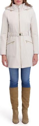 Kensie Soft Shelled Hooded Belted Zip-Up Coat in Ivory at Nordstrom Rack, Size X-Large
