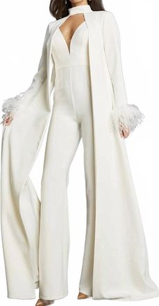 Jovani Plunging V-Neck With Cape Jumpsuit In Ivory