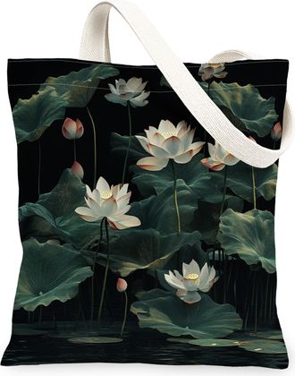 Generic Black Lotus Flower Canvas Tote Bag for Shopping 13x15, Fun Pond Lotus Leaves Scenic Reusable Grocery Print Bag for Women, Landscape Beach Aesthetic Pa