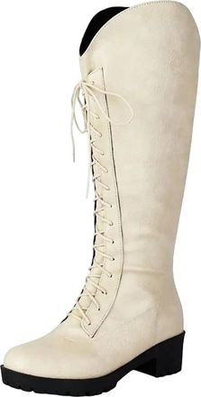 Generic Womens Retro Knee High Equestrian Boots Round Toe Medium Block Heel Platform With Lace Up For Daily Wear