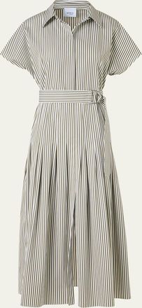 Akris Cap-Sleeve Belted Cotton Poplin Pleated Midi Shirtdress