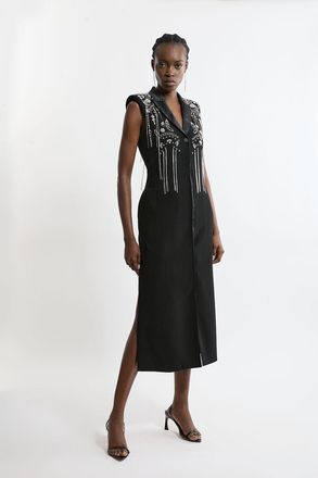 Karen Millen Womens Embellished Detail Plunge Collared Woven Maxi Dress - Black - Size 10 UK