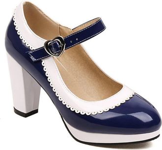 Generic Womens Chunky Heel Mary Jane Shoes Two-Tone Classic Office Heels Platform Formal Party Pumps,Blue,5.5 UK