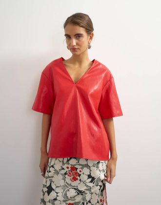 Topshop top in pelle sintetica con scollo a V profondo rosso-Blu