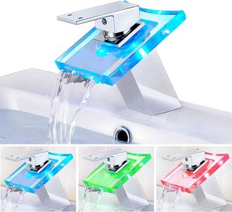 OEM Grifo Mezclador De Lavabo Con Cascada Led, Grifos De Lavabo, Grifo Mezclador De Fregadero, Grifo De Cascada De Vidrio Para Fregaderos De Cocina Y Ba&ntilde;o