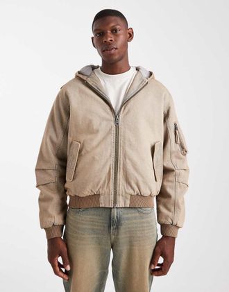 Cotton On Bomber in denim grigio deserto slavato con cappuccio