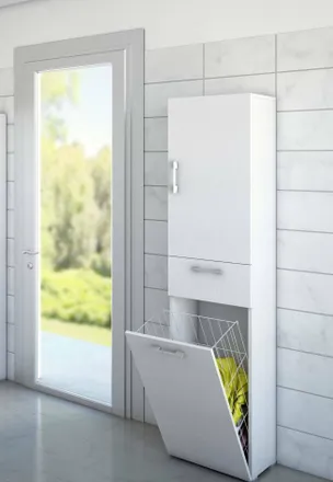 Dmora Dmora - Armario Multiusos Dcosim, Mueble Lavadero Lineal Con 2 Puertas, Columna De Ba&ntilde;o Con Cesto De Ropa, 100% Made In Italy, 45x32h195 Cm, Blanco
