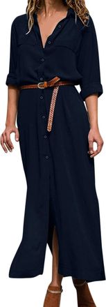 Generic Autumn Shirt Dresses Long-Sleeved Slit Dress V Neck Casual Long Dress with Belt Long Sleeve Loungewear Elegant Work Dress Solid Colour Lightweight Off