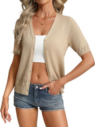 Grace Karin Womens Elegant V-Neck Lace Cardigan Summer Lightweight Short Sleeve Openwork Knit Tops Khaki XXL