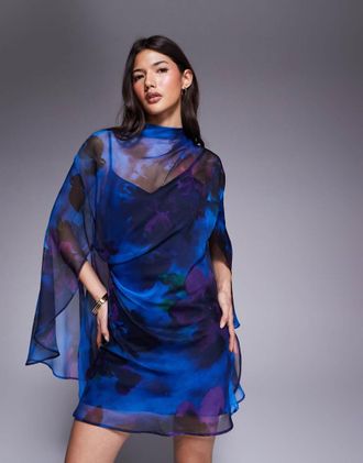 Asos Vestito corto accollato blu a fiori con drappeggio sul davanti e maniche a mantella-Multicolore