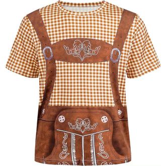 Generic Adult Ladies Oktoberfest Beer Girl Bavarian Fancy Dress Costume Short Sleeve Crew Neck Plaid Print Oktoberfest Light Brown Tee Shirt Top Blouse German