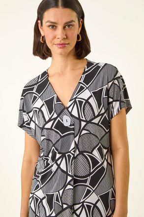 Roman Abstract Print V-Neck Stretch Top