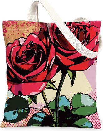 Generic Valentines Day Red Wine Canvas Tote Bag for Shopping 13x15, Vintage Funky Groovy Romantic Flower Reusable Grocery Print Bag for Women, Holiday Beach A