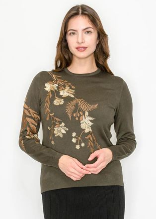 YAL New York Embroidered Olive Knit Sweater
