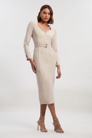 Karen Millen Womens Figure Form Bandage Belted Midi Dress - Beige - Size Medium