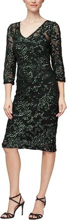 Alex Evenings Sheath Dress Black Green Sequin Details V-Neck JZZ473