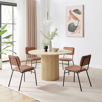 Furniturebox Penrose Oak Effect Round Dining Table & 4 Tan Delta Chairs