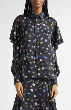 sacai Floral Print Ruffle Button-Up Shirt in Black at Nordstrom, Size 3