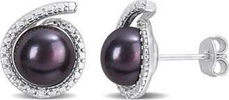 Amour 8-8.5mm Black Freshwater Cultured Pearl and Diamond Accent Swirl Stud Earrings In Sterling Silver