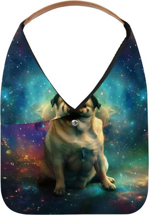 Generic Pug Dog Space Galaxy Reusable Lightweight Grocery Bags - Foldable Into Compact Pouch, Washable & Sturdy, Multipurpose for Shopping and Travel