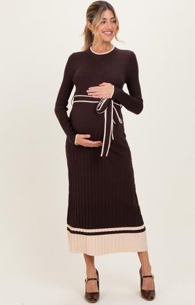 Pinkblush Ribbed Midi Sweater Dress With Belt in Brown at Nordstrom, Size Medium