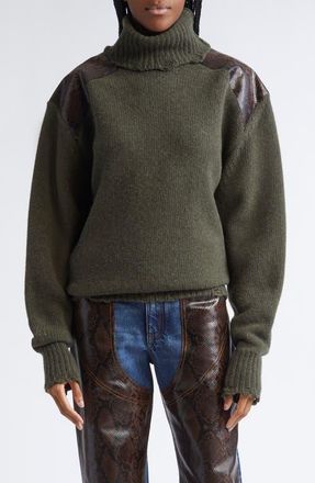 Stella McCartney Snakeskin Embossed Faux Leather & Virgin Wool Sweater in Dark Khaki at Nordstrom, Size Medium