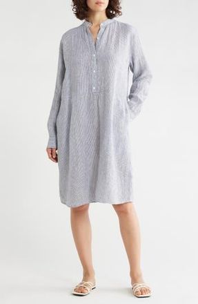 Eileen Fisher Stripe Long Sleeve Organic Linen Shirtdress in Ink at Nordstrom Rack, Size Xx-Small