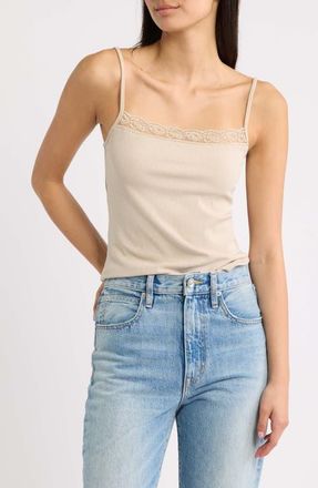 Mango Blondi Lace Trim Ribbed Camisole in Sand at Nordstrom, Size X-Large