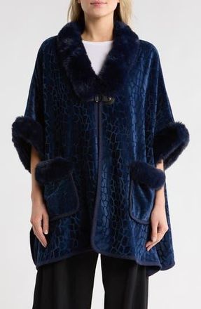 Patrizia Luca Front Pocket Faux Fur Trim Cape in Navy at Nordstrom Rack