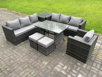 Fimous 9 Seater Rattan Outdoor Furniture Sofa Garden Dining Set with Dining Table Armchair Side Table in Dark Grey
